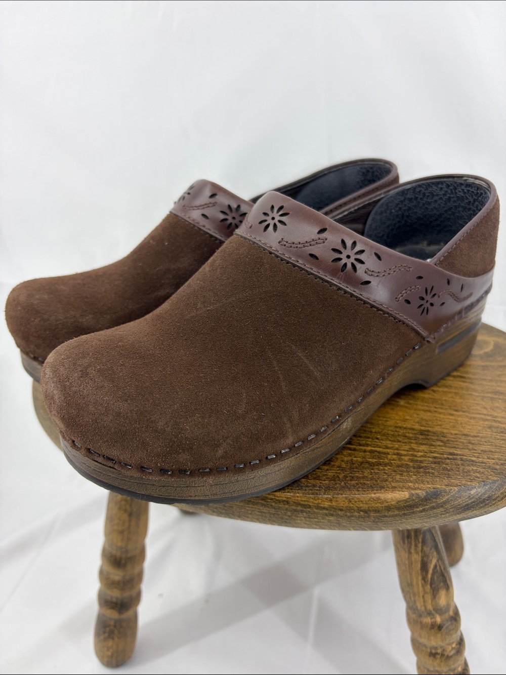 Dansko Brown Suede Clogs w/ Perforated Leather Accent, Womens 37